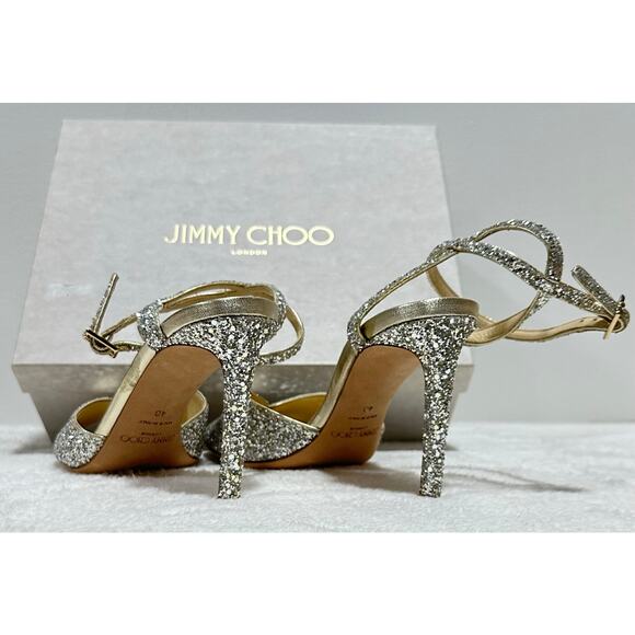 Jimmy Choo Women Sacora 85mm Glitter Sandals in Champagne - Picture 5 of 9